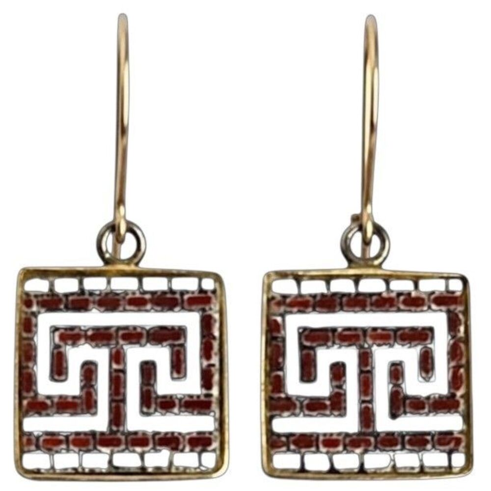 Vintage 950 Silver 14K Gold Artisan Made Greek Key Micro Mosaic Earrings 1/2"
